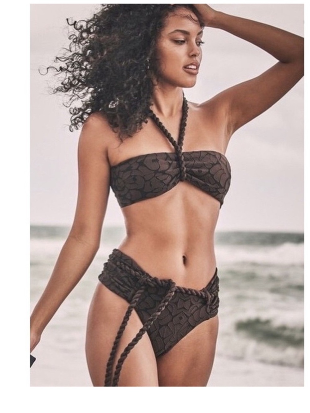 DEVON WINDSOR Brown Braided-Handle Jacquard Bikini